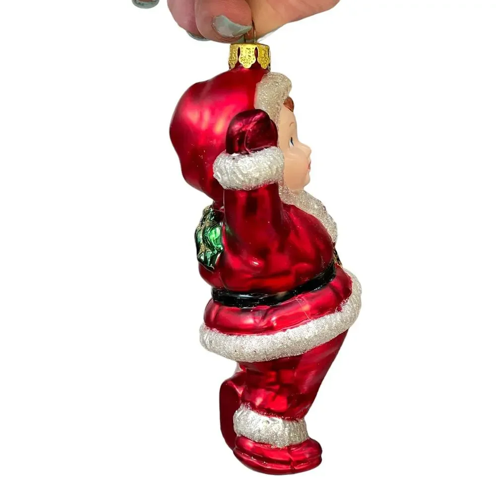 Jump For Joy Mercury Glass Christmas Ornament Child in Santa Suit Vtg Brass Key